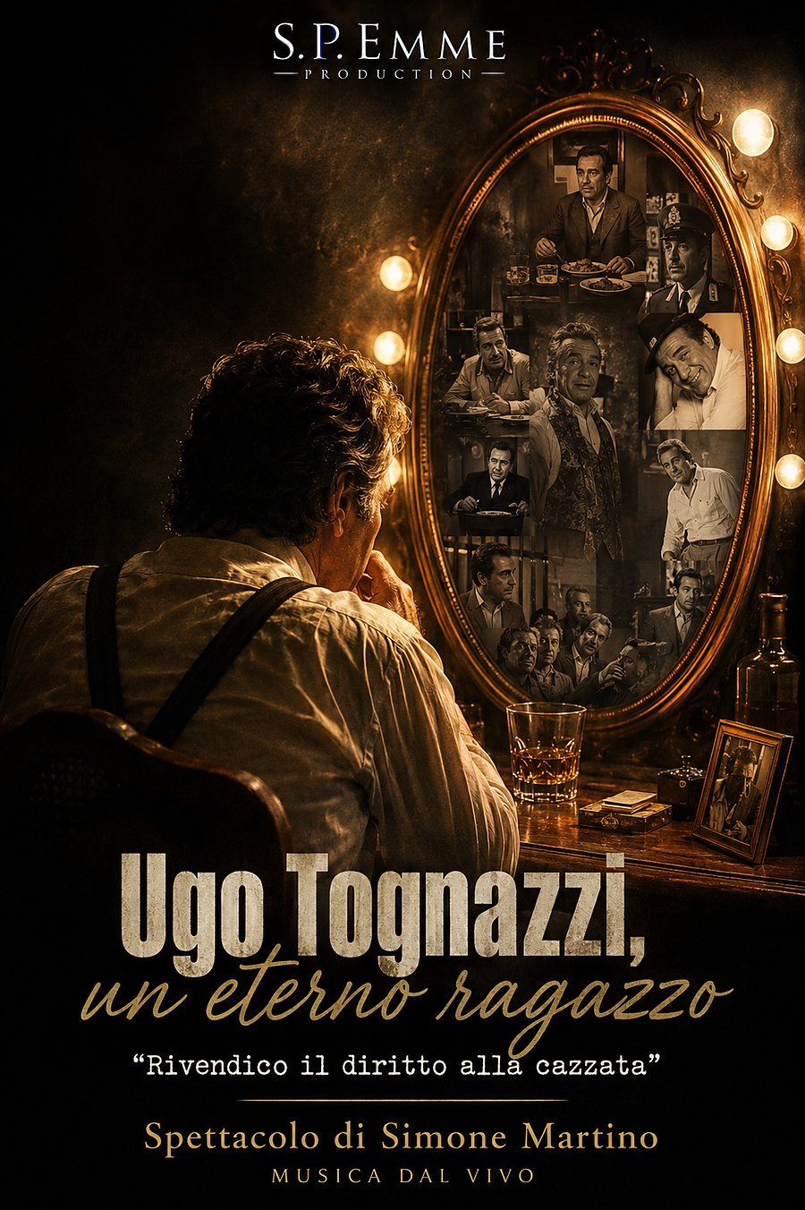 Locandina di Ugo Tognazzi, un eterno ragazzo: l'attore di spalle davanti a uno specchio che riflette i suoi film